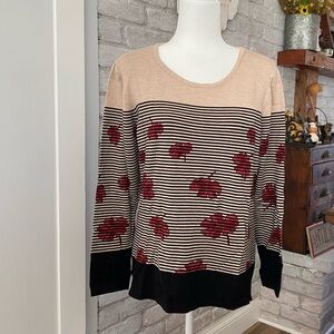 Appleseed's Woman’s Knit Long Sleeve Sweater-Large-Cream w/Black Stripes/Flowers